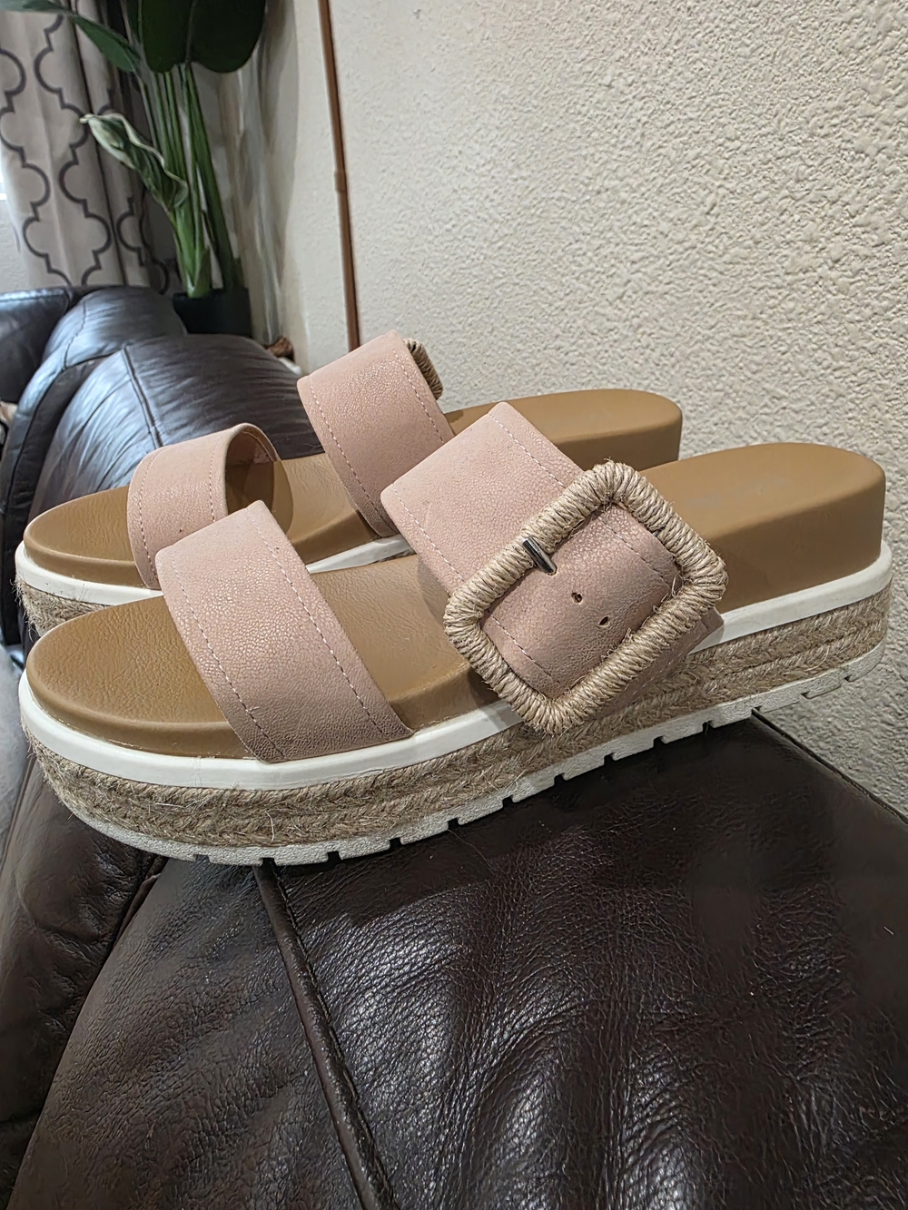 MIA Blush Pink Double-Strap Slide Sandals with Rope Buckle